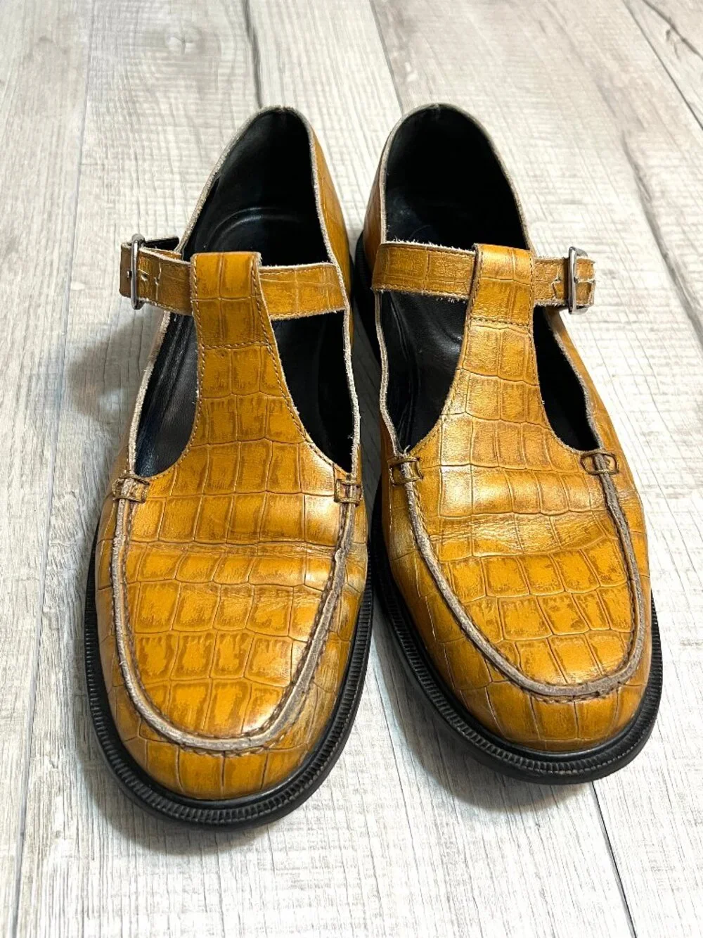 Maguire Shoes Gala Dijon Yellow Croc Leather Mary Jane Flats Size 39 Academia